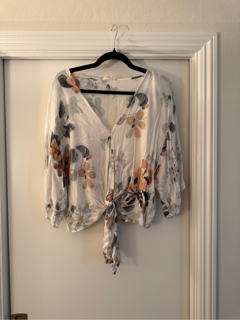 lovestitch White Floral Tie-Front Blouse with Peach and Gray Accents